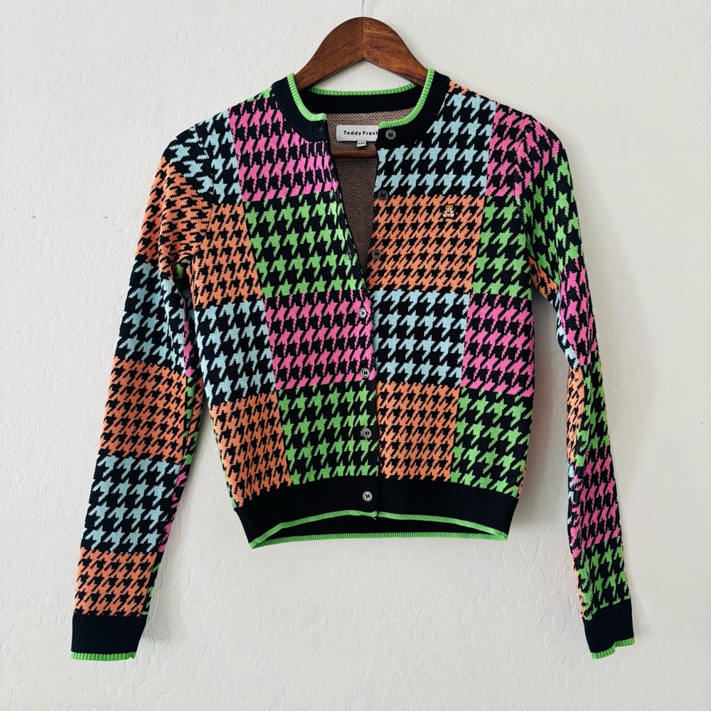 Teddy Fresh Colorful Vibrant Cotton Houndstooth‎ Cardigan Size XXS